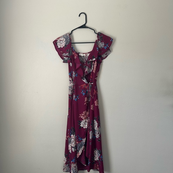 Monteau Wine Floral Ruffle Wrap Midi Dress - Picture 4 of 9